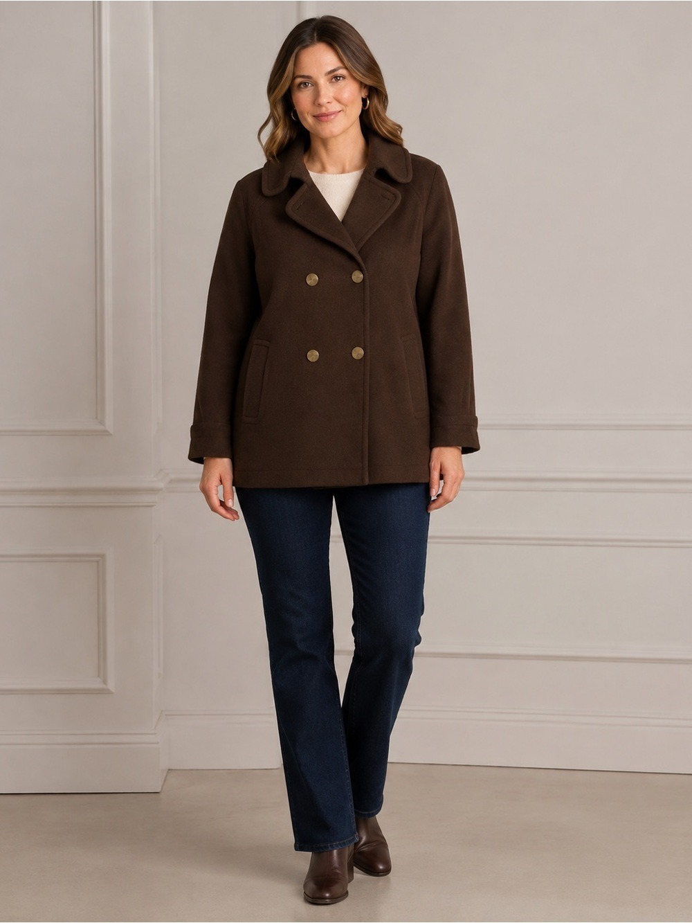 Perfect by Carson Kressley Wool and Cashmere Blend Brown Pea Coat. Size L